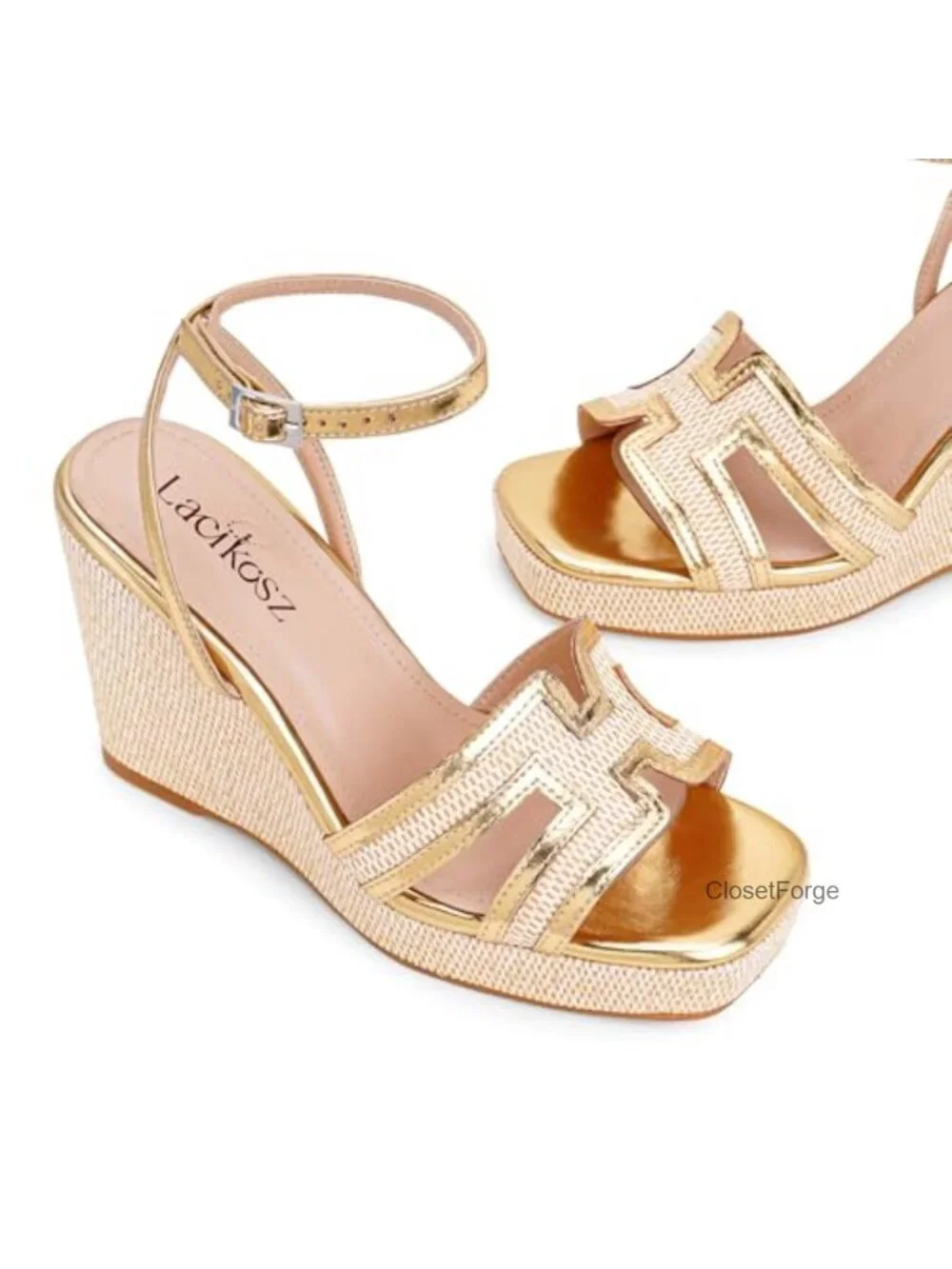 Raffia Platform Wedge Sandals Open Toe Ankle Strap Geometric Cutout Dressy